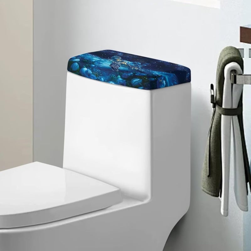 Tesivruno Sea Turtle Flower Print Toilet Tank Lid Cover, Decorative Toilet Top Cover with Starry Sky Ocean Printed, Universal Toilets Tank Dust-Proof Covers, Blue - Image 1